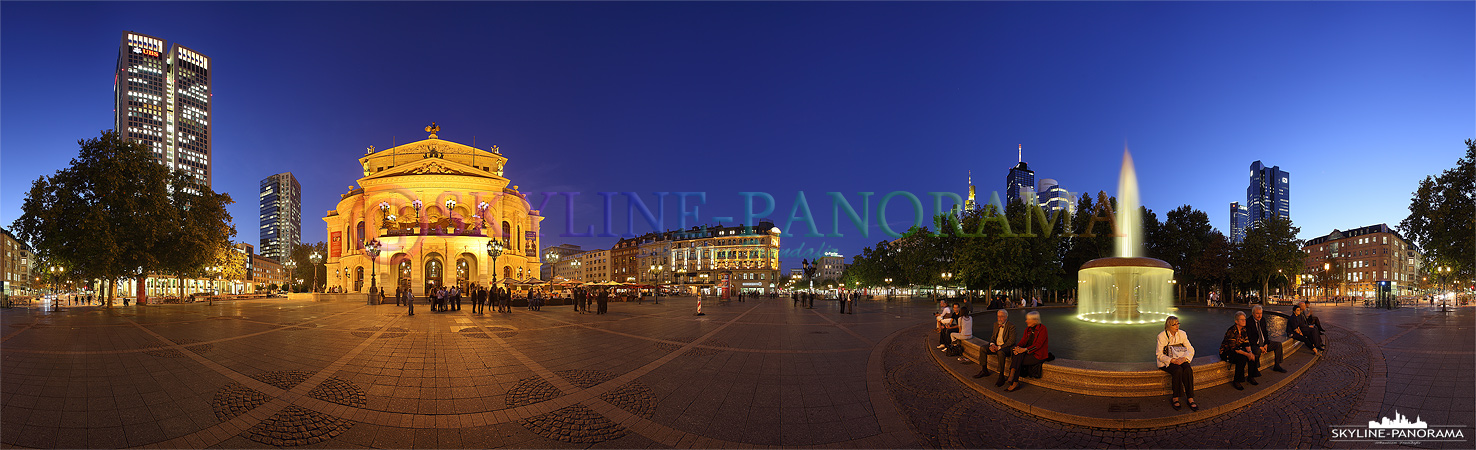 Frankfurt Opernplatz - Alte Oper und Opernturm | Dieses 360 Grad Panorama zeigt den Opernplatz mit der historischen Alten Oper Frankfurt, dem wunderbar illuminierten Lucae - Brunnen und dem in dieser Perspektive alles überragenden Opernturm. Die Aufnahme entstand in der Dämmerung, kurz vor der einbrechenden Nacht, in der so genannten Blauen Stunde.