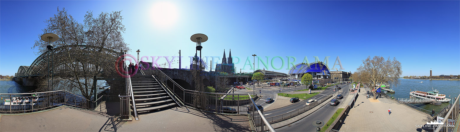 Bilder Köln - Ein 360 Grad Panorama von einem Sockel der Hohenzollernbrücke mit dem Blick in Richtung Kölner Dom, Hauptbahnhof und Kölner Musical Dome. 