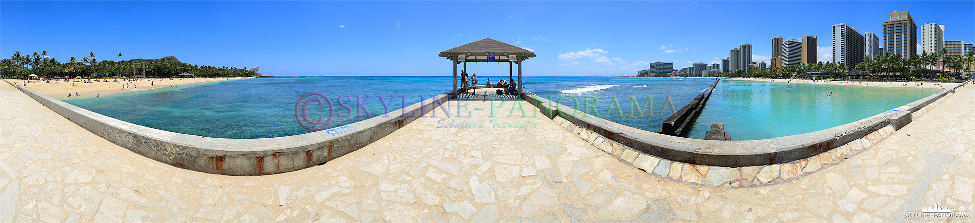 Bilder Hawaii - 360 Grad Panorama am beliebtesten Strand Hawaiis; der Waikiki Beach mit Blick vom Diamant Head bis zum Outrigger Reef. 