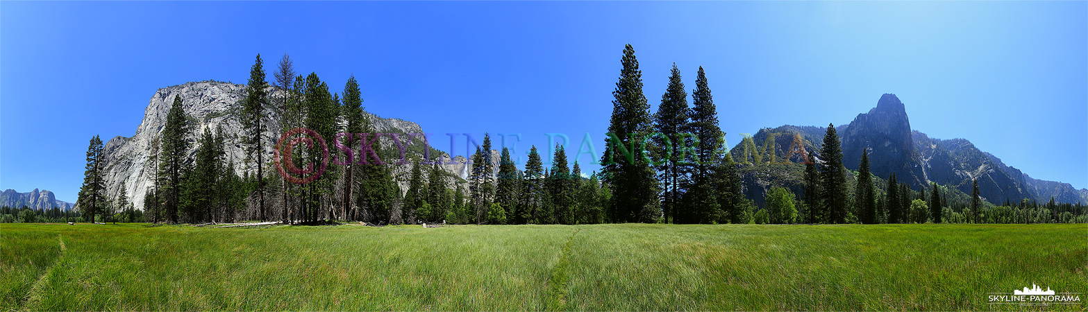 Bilder aus dem Yosemite Nationalpark - Das atemberaubende Panorama vom Yosemite Valley mit den satten Grasflächen im Tal des Yosemite National Parks California.