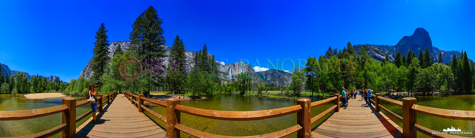 Bilder aus dem Yosemite Nationalpark - 360 Grad Panoramablick von der Swinging Bridge, einer Holzbrücke über den Merced River, auf die sehenswerte Landschaft...