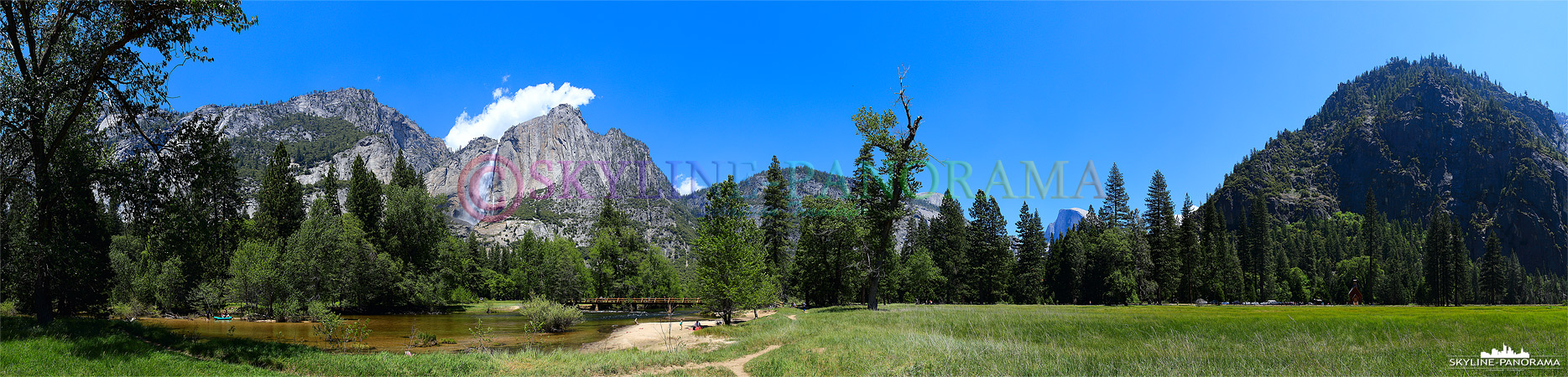 Bilder Yosemite Nationalpark - Vom südlichen Ufer des Merced Rivers, unweit der Sentinal Bridge, hat man einen tollen Ausblick auf das Yosemite Panorama...