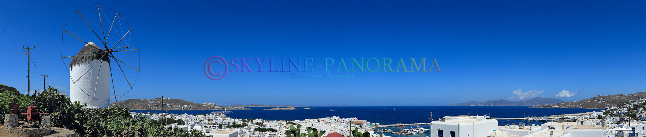 Die Windmühle von Ano Myli liegt im Osten der Chora, direkt an der Straße Agiou Ioannou. Von diesem Aussichtspunkt aus hat man einen Blick über Mykonos-Stadt