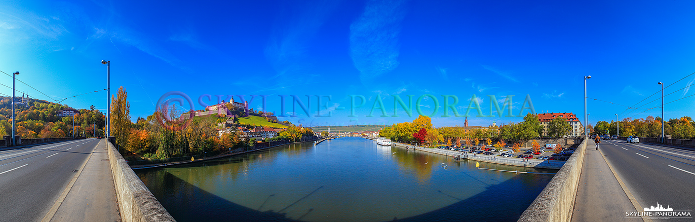 Bilder aus Würzburg - Blick von der Ludwigbrücke in Würzburg auf die hoch über der Stadt gelegene Festung Marienberg und das Mainufer im Herbst 2013. 