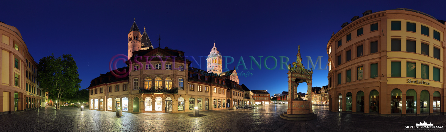 Bilder Mainz in der Blauen Stunde – Dieses Panorama zeigt den 360 Grad Blick vom Mainzer Marktplatz in Richtung Mainzer Dom und Marktbrunnen. 