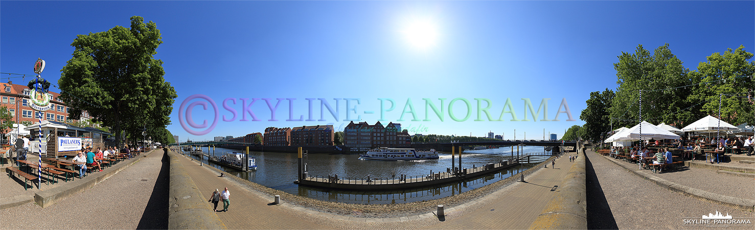 Schlachte Bremen - Promenade am Weserufer in Bremen mit Blick in Richtung der Weserhalbinsel Teerhof.