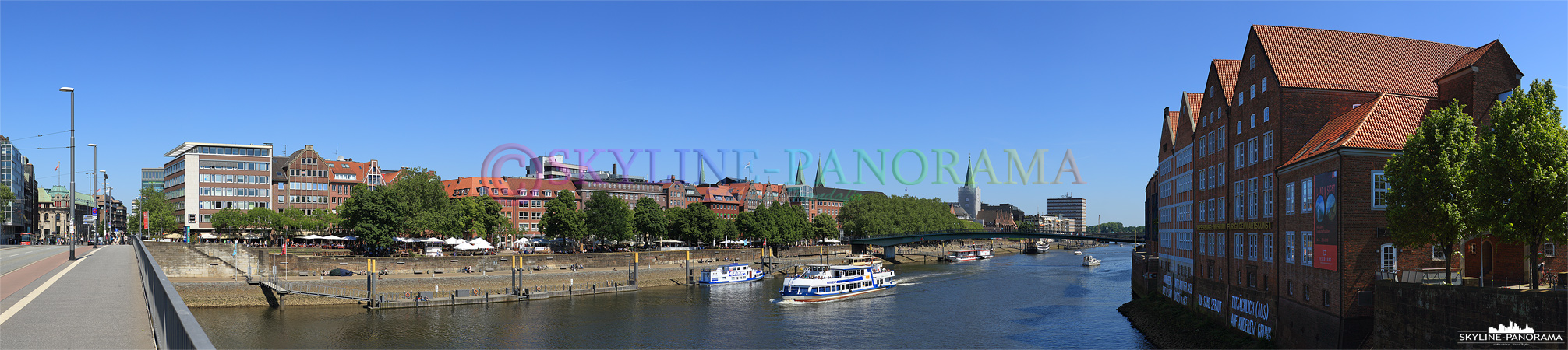 Hansestadt Bremen - Panoramablick von der Bürgermeister-Smidt-Brücke auf die Weserpromenade, die Schlachte und die Altstadt von Bremen. 