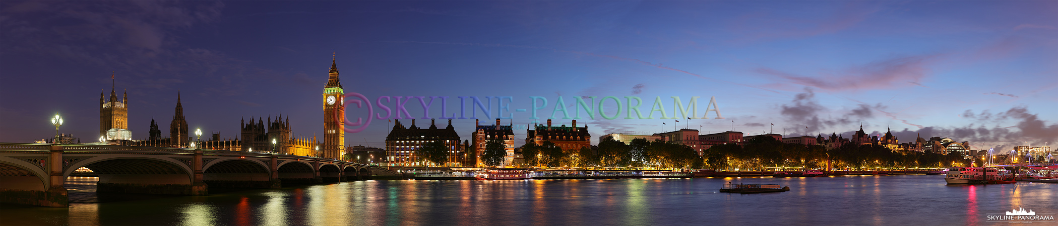 Bilder aus London - Panorama vom Themse Ufer auf den Londoner Stadtteil Westminster mit Blick auf die Westminster Bridge, dem dahinter liegenden Palace of Westminster und dem abendlich beleuchteten Glockenturm Big Ben.