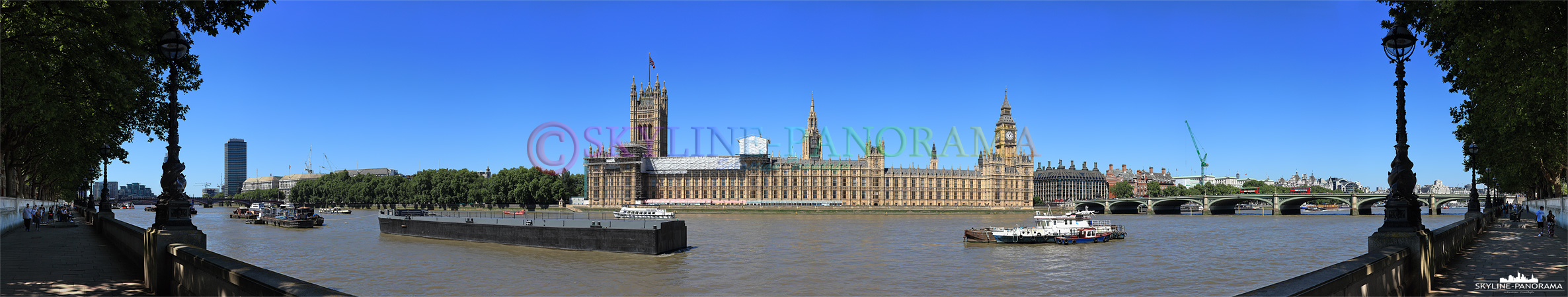 Bilder London - Tagpanorama des Westminster Palace mit Big Ben und der Westminster Bridge von Themseufer aus gesehen.