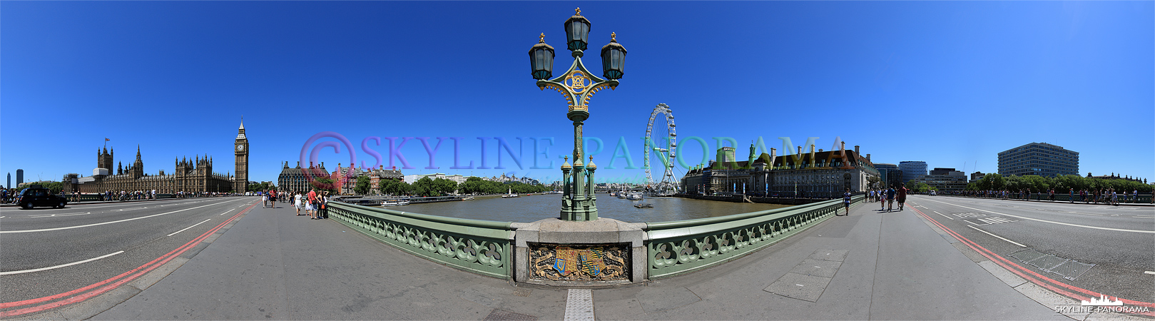 Bilder aus London - Das Panorama von der Westminster Bridge in London mit dem Westminster Palace, Big Ben und dem bekannten Riesenrad London Eye.