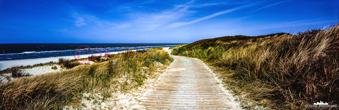 Nordsee Bilder - Ein Panorama mit Blick von der Dünung aus auf den Hauptstrand von Spiekeroog. 