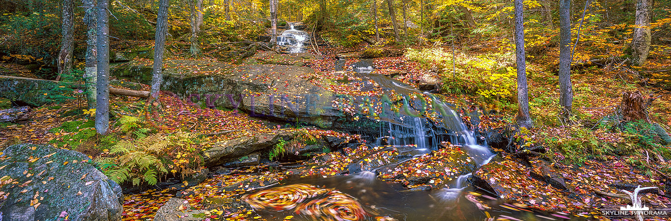 Indian Summer Panorama Bilder aus Kanada - unterwegs in einem herbstlich eingefärbten Wald mit einem kleinen Wasserfall im Osten von Kanada.