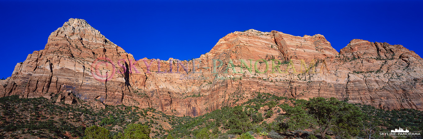 6x17 Panorama aus Utah - Die massiven Felswände der Watchman genannten Felsformation aus dem Valley des Zion National Parks gesehen. 