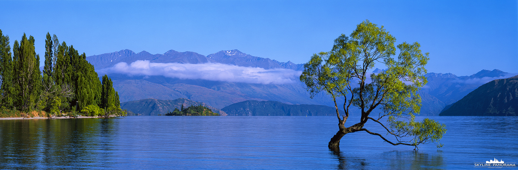 Neuseeland in 6x17 - Ein weiteres Panorama von einem wunderbaren Sommermorgen am Lake Wanaka auf der Südinsel von Neuseeland. Die idyllische Kulisse mit den Neuseeländischen Alpen im Hintergrund und dem malerischen Baum im See machen diesen Ort unvergessen.