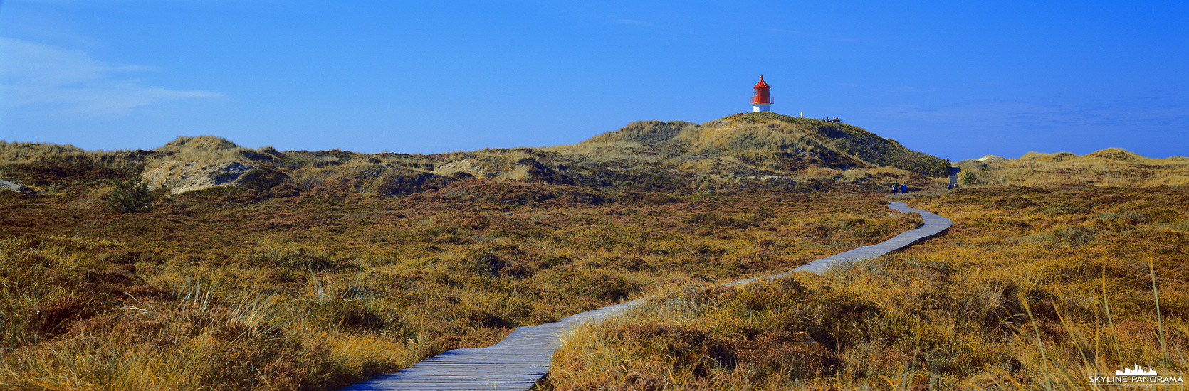 Amrum Panorama - Es gibt zahlreiche Bohlenwege durch die Dünen-und Heidelandschaft von Amrum, hier zu sehen ist der Bohlenweg zum Quermarkenfeuer von Norddorf. Der Weg beginnt an der Vogelkoje und kurz hinter dem Leuchtfeuer endet er, nach einer Holztreppe mit Aussichtsplattform, am Kniepsand. 